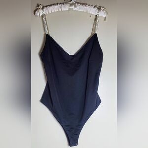 Black Satin‎ Rhinestone Strap Forever 21 Bodysuit NWT size 0X 12-14